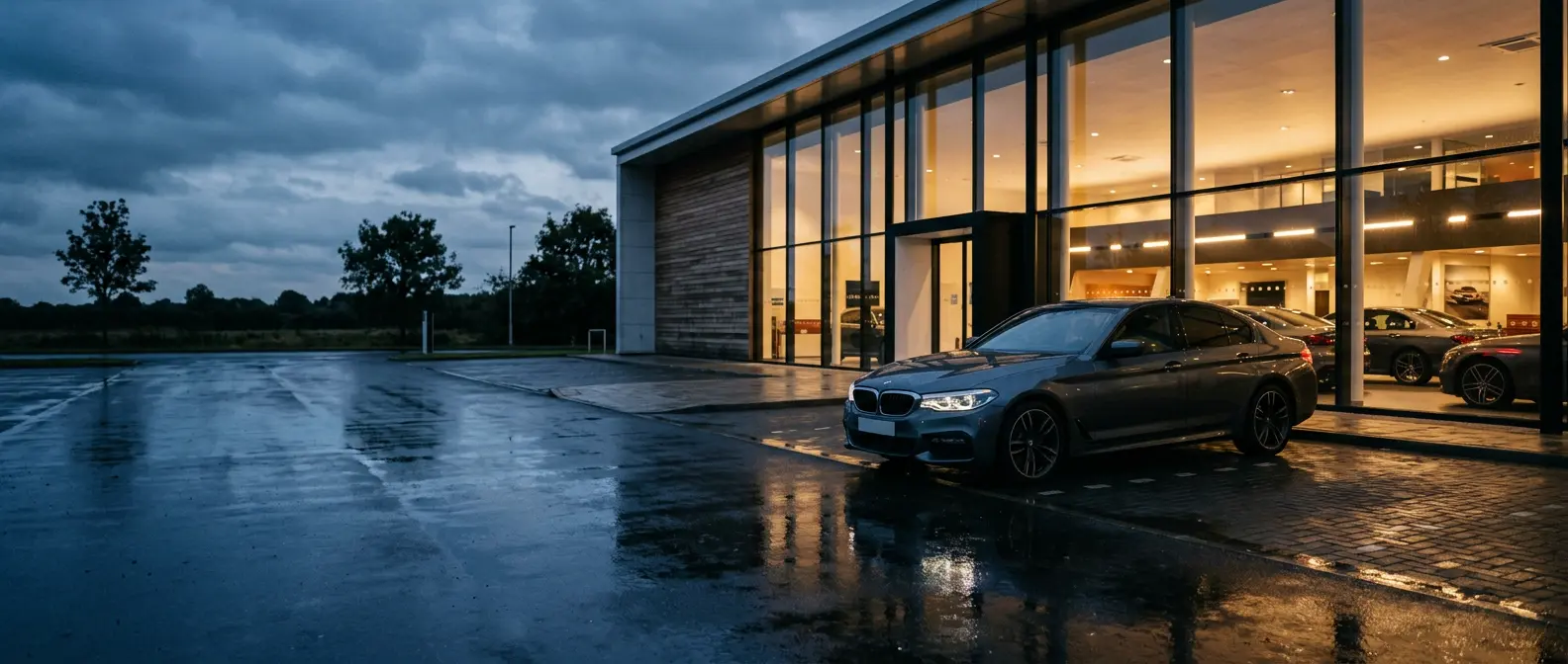 Premium saloon outside the Icon Auto UK showroom at dusk